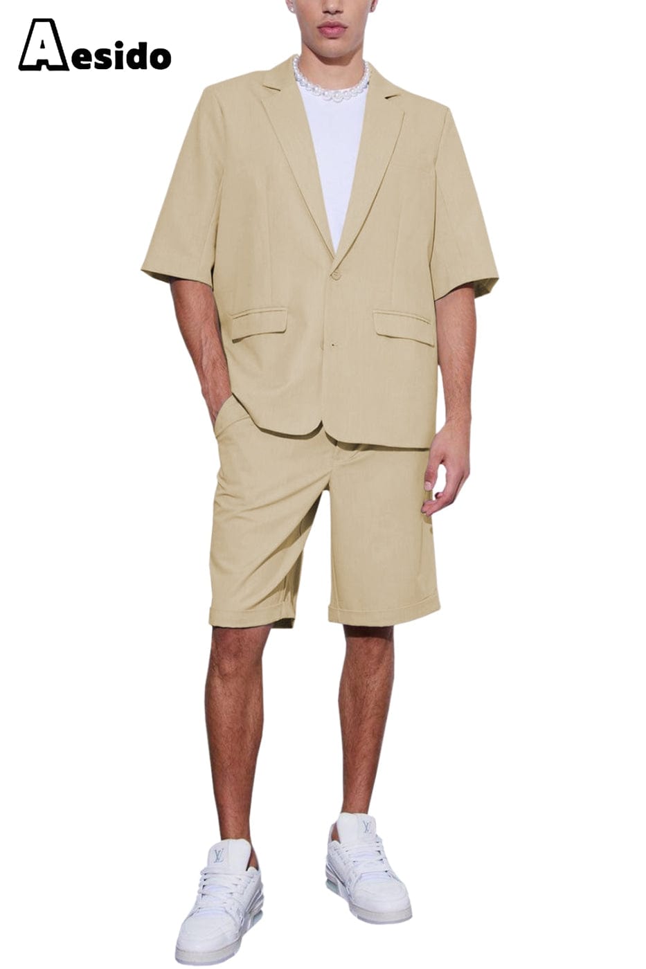 Aesido Men’s Suit Piece Summer Casual Notch Lapel Short Sleeved Jacket Blazer+Shorts – Champagne R Aesido Men’s Suit Piece Summer Casual Notch Lapel Short Sleeved Jacket Blazer+Shorts – Champagne R
