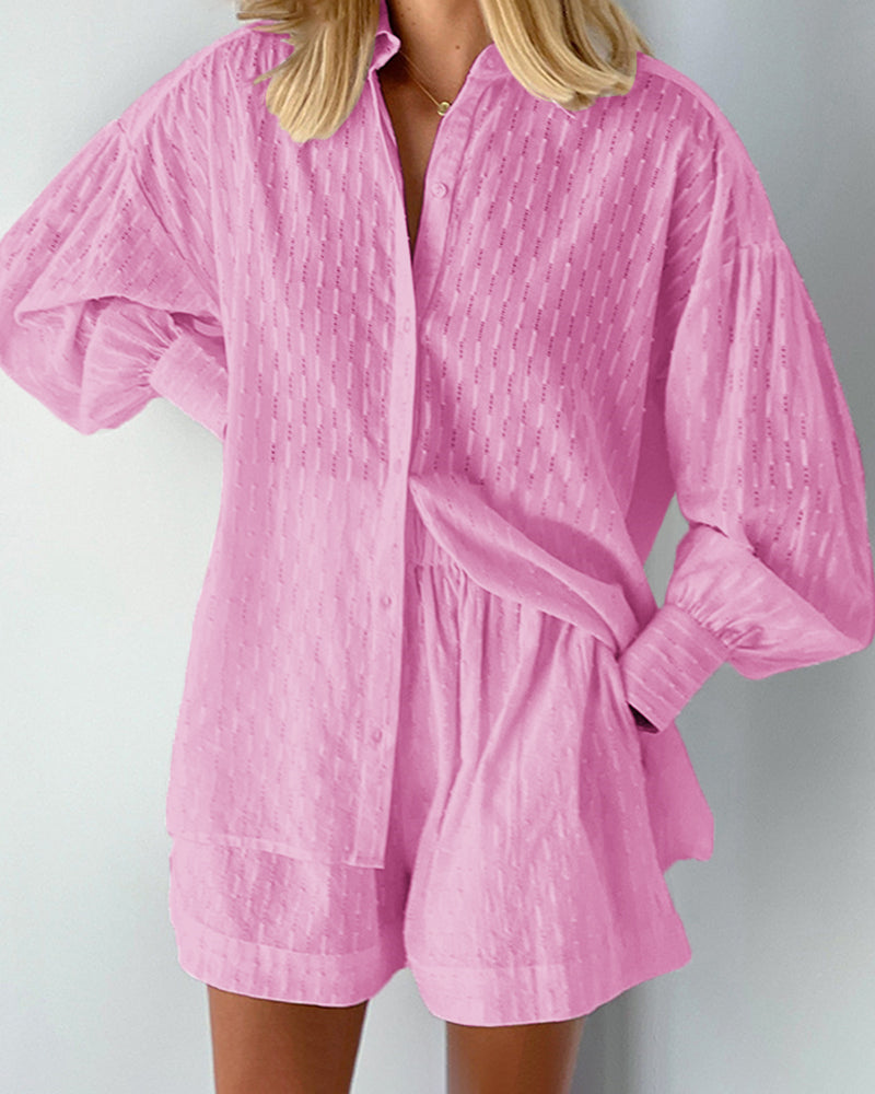 Two-piece Suit Puff Sleeve Long Sleeve Top and Shorts Casual Set – Pink M Two-piece Suit Puff Sleeve Long Sleeve Top and Shorts Casual Set – Pink M