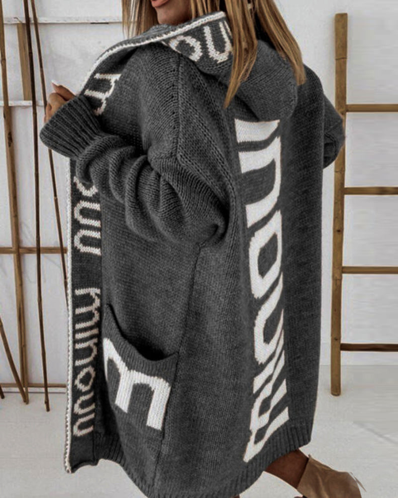 Long Elegant Stripe Cardigan Wool Long Sleeve Hooded Letter Knitted Coat – Dark Grey S Long Elegant Stripe Cardigan Wool Long Sleeve Hooded Letter Knitted Coat – Dark Grey S
