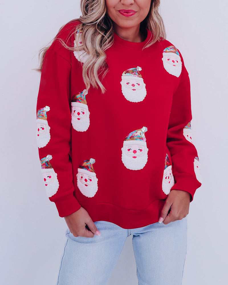 Fiery Red Sequined Christmas Santa Clause Graphic Sweatshirt – Red Fiery Red Sequined Christmas Santa Clause Graphic Sweatshirt – Red