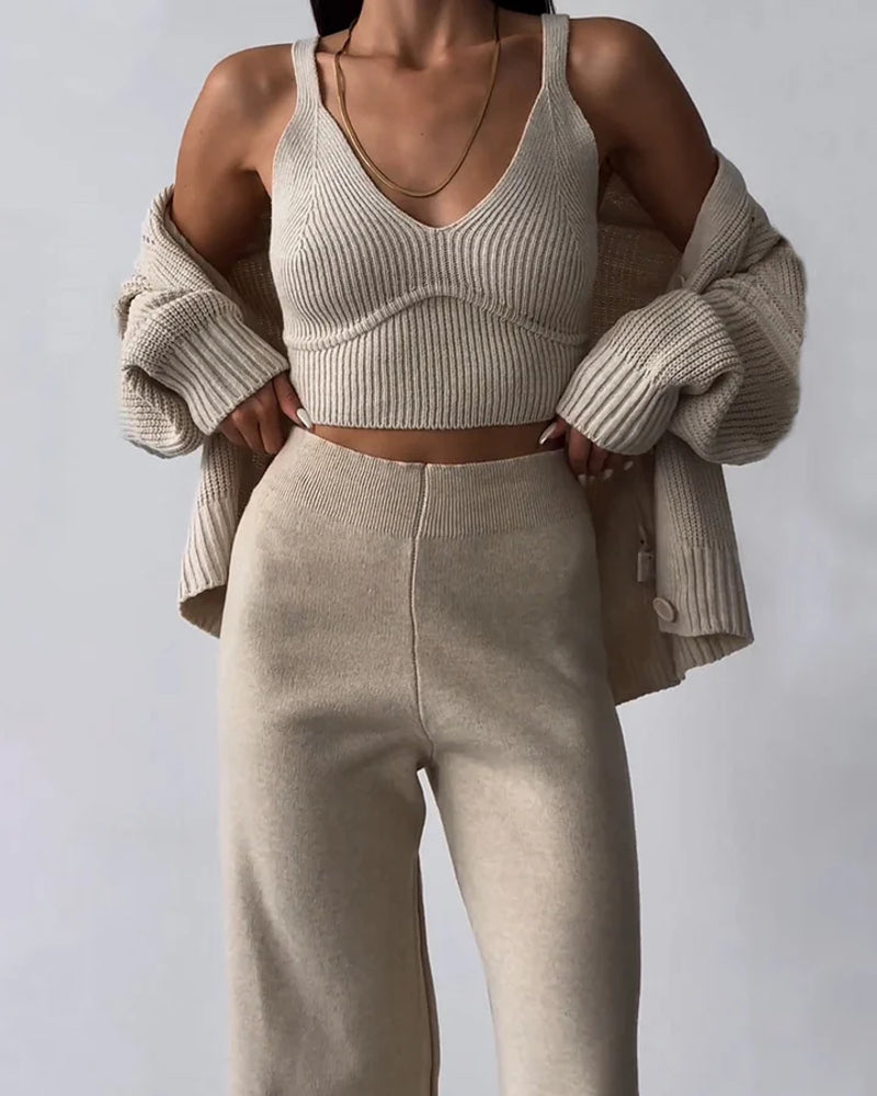 🔥Limited Days & Lowest Price Chic V-neck Knitted Three-piece Set Crop Vest and Sweater Cardigan & Solid Wide Leg Pants – Khaki L- 🔥Limited Days & Lowest Price Chic V-neck Knitted Three-piece Set Crop Vest and Sweater Cardigan & Solid Wide Leg Pants – Khaki L-