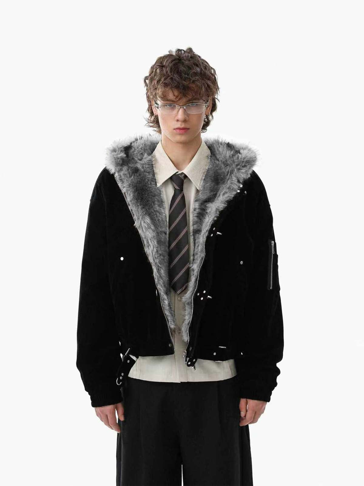 Streetwear Metal Clip Faux Fur Hooded Suede Bomber Jacket