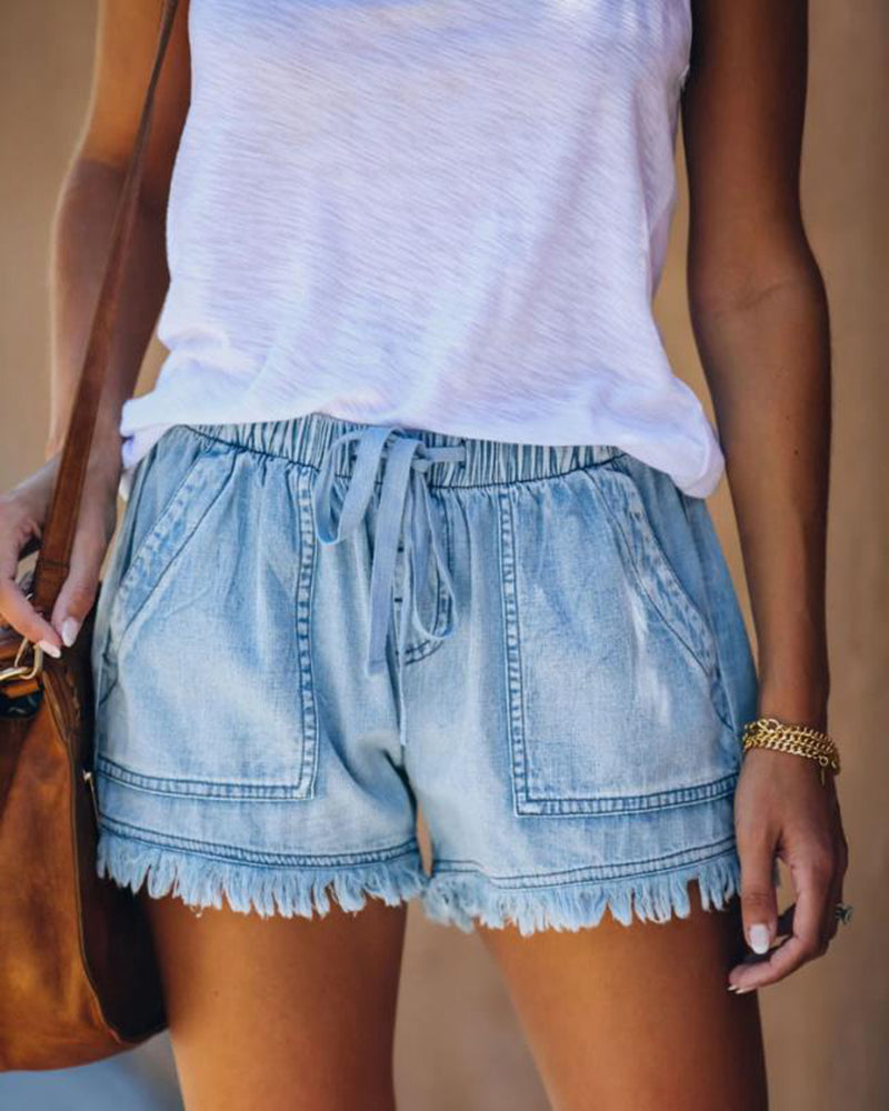 Zeagoo Denim Shorts Casual Drawstring Elastic Waist Summer Frayed Tencel Short Jeans With Pockets – Light Blue L- Zeagoo Denim Shorts Casual Drawstring Elastic Waist Summer Frayed Tencel Short Jeans With Pockets – Light Blue L-