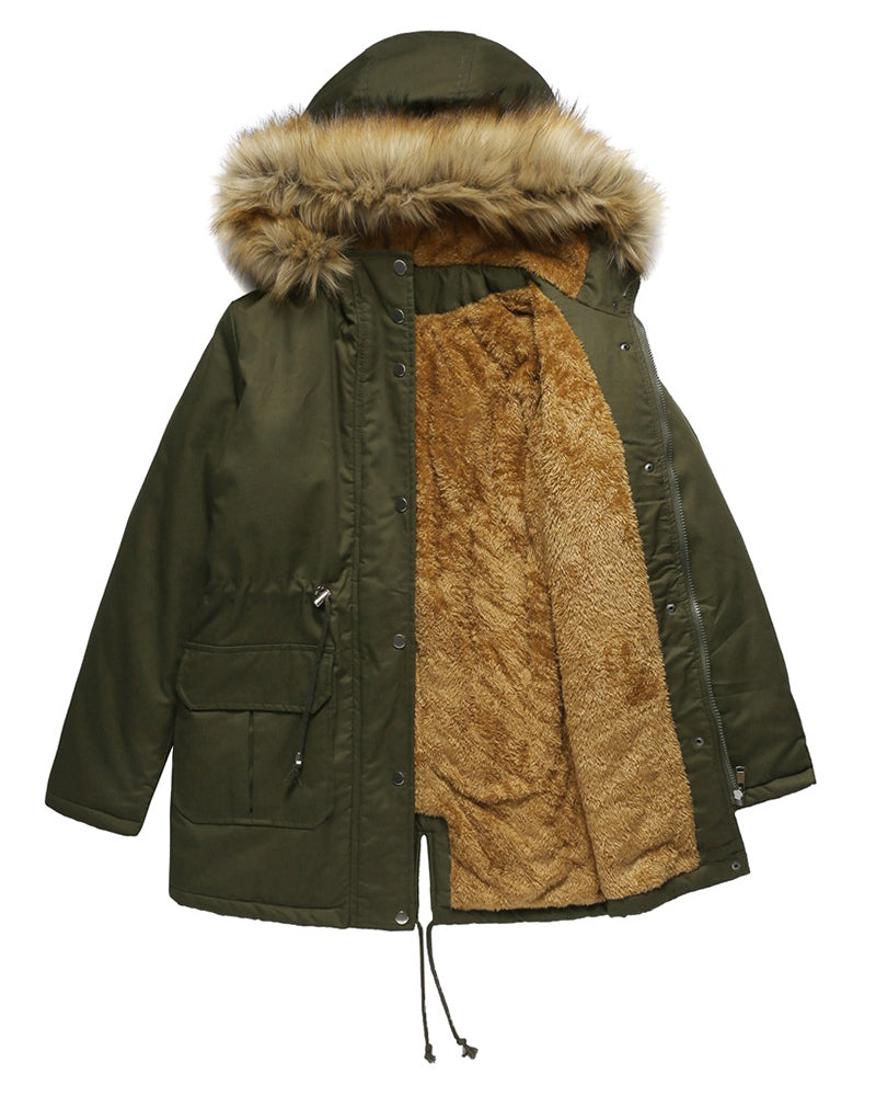 Faux Fur Hood Parka Jacket – Army Green L- Faux Fur Hood Parka Jacket – Army Green L-