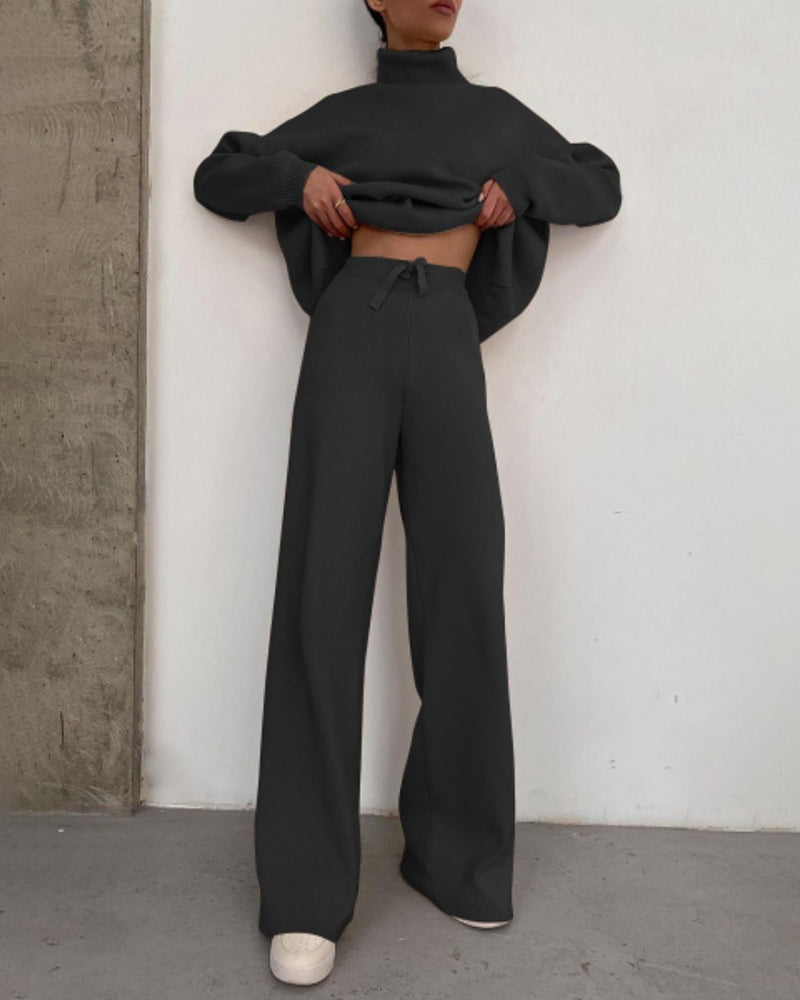 Zeagoo Casual Two Piece Long Sleeve Turtleneck Sweatshirt Top High Waist Wide Leg Pants Set – Black L- Zeagoo Casual Two Piece Long Sleeve Turtleneck Sweatshirt Top High Waist Wide Leg Pants Set – Black L-
