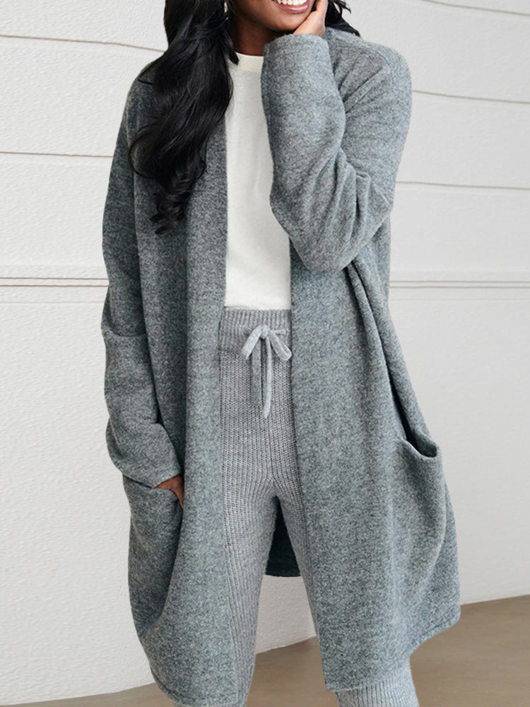 Long Patch Pocket Sweater Cardigan Coat – Grey M Long Patch Pocket Sweater Cardigan Coat – Grey M