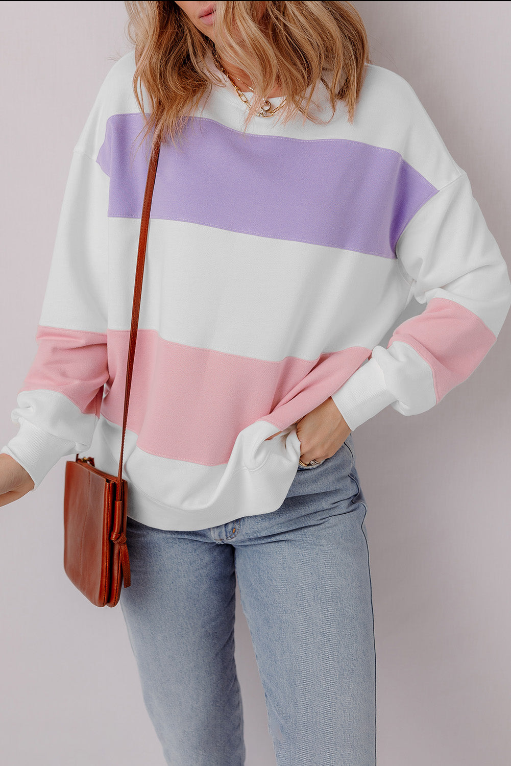 Beige Colorblock Patchwork Drop Shoulder Crewneck Sweatshirt Beige Colorblock Patchwork Drop Shoulder Crewneck Sweatshirt
