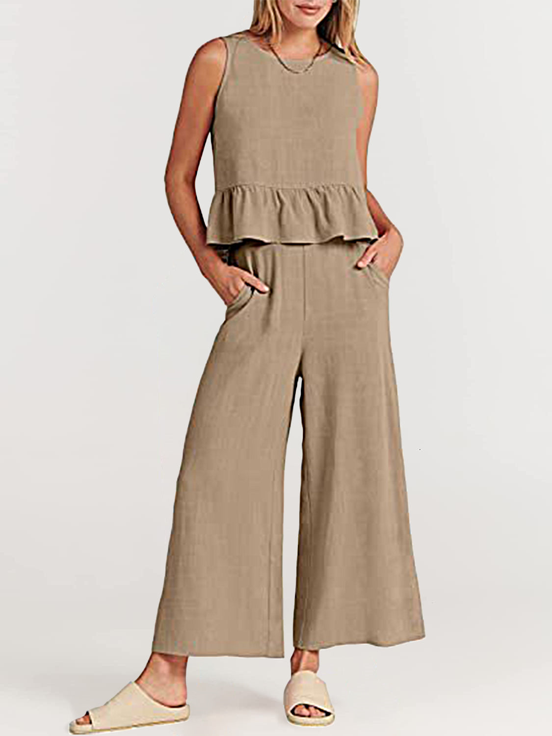 Zeagoo Piece Outfits Sleeveless Ruffle Tank Crop Top and Wide Leg Pants Lounge Set with Pockets – Khaki L- Zeagoo Piece Outfits Sleeveless Ruffle Tank Crop Top and Wide Leg Pants Lounge Set with Pockets – Khaki L-