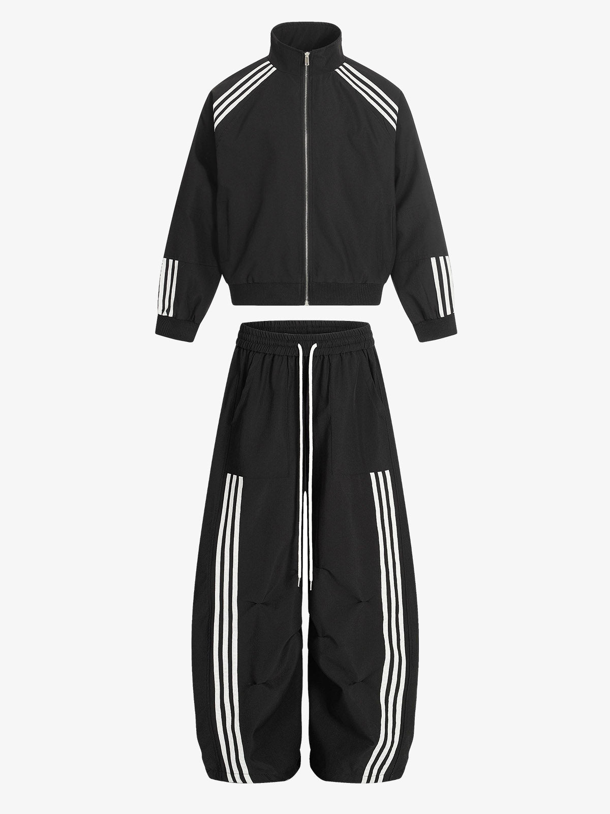 Striped Zip-Up Track Jacket and Wide-Leg Track Pants Set – Black L Set Striped Zip-Up Track Jacket and Wide-Leg Track Pants Set – Black L Set