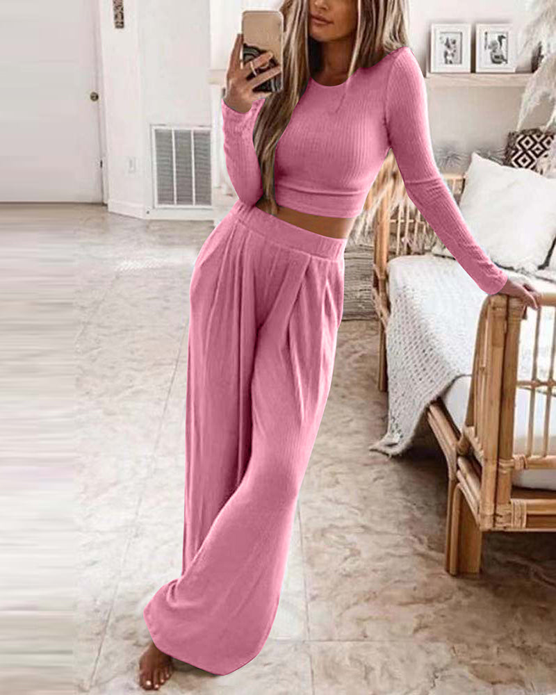 Two Pieces Sets Long Sleeve Crop Thread Top Casual High Waist Wide Leg Pants – Pink L- Two Pieces Sets Long Sleeve Crop Thread Top Casual High Waist Wide Leg Pants – Pink L-