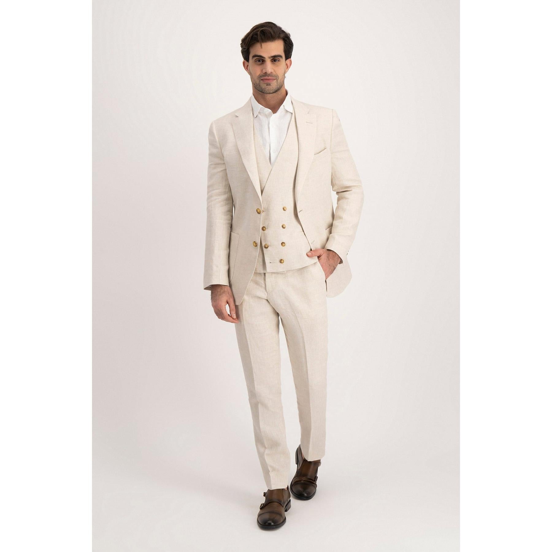 Casual Pieces Mens Suit Flat Linen Notch Lapel SuitBlazer+Vest+ Pant Casual Pieces Mens Suit Flat Linen Notch Lapel SuitBlazer+Vest+ Pant