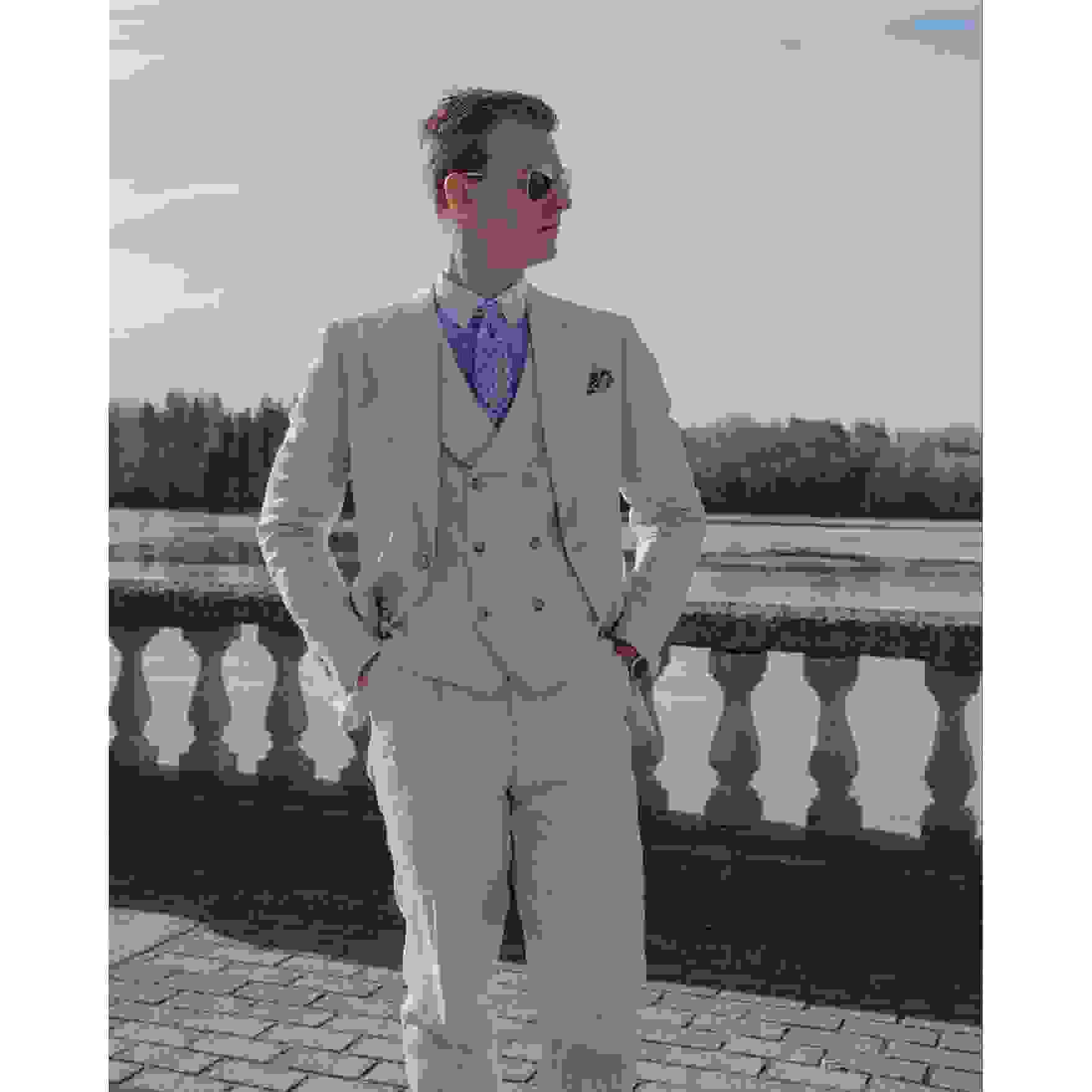 Casual Pieces Mens Suit Flat Linen Peak Lapel SuitBlazer+Vest+ Pant Casual Pieces Mens Suit Flat Linen Peak Lapel SuitBlazer+Vest+ Pant