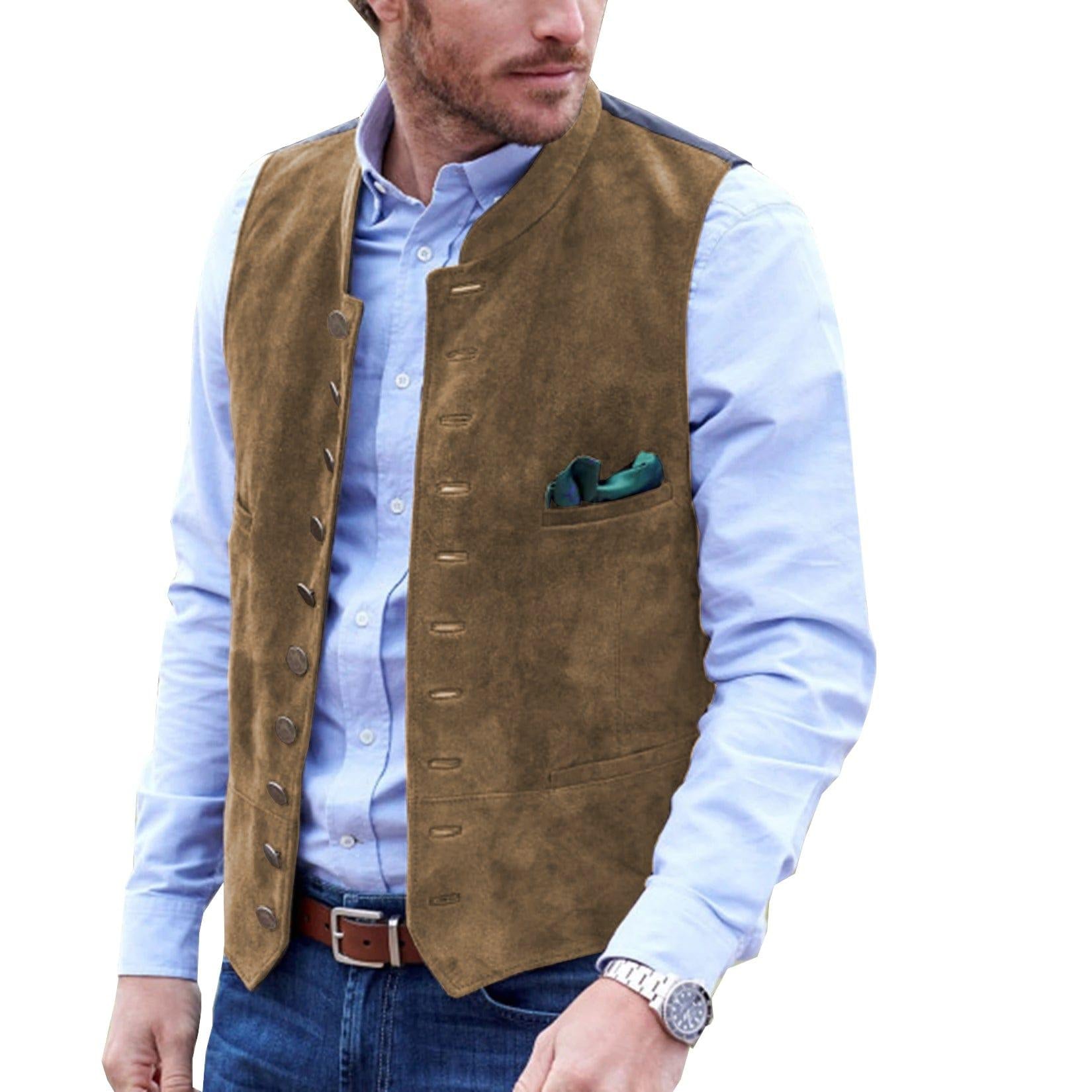 Menseventwear Casual Men’s Classic Suede Stand Collar Waistcoat Denim Jacket Menseventwear Casual Men’s Classic Suede Stand Collar Waistcoat Denim Jacket