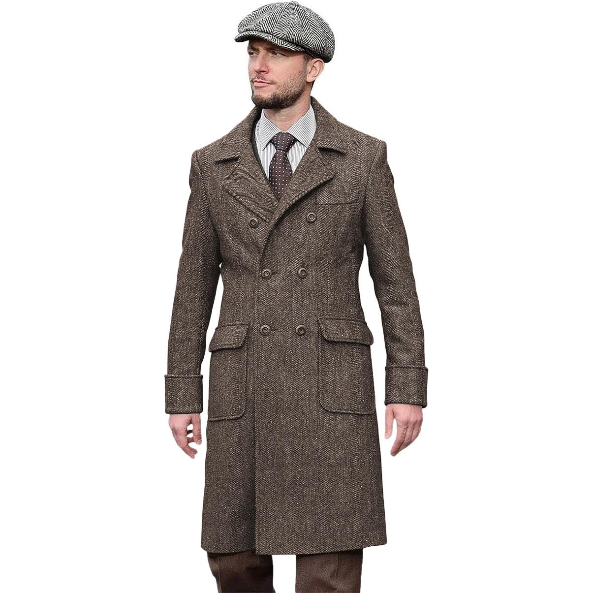 Casual Trench Coat Men Double Breasted Notch Collar Tweed Herringbone Coat Winter Wedding Casual Trench Coat Men Double Breasted Notch Collar Tweed Herringbone Coat Winter Wedding