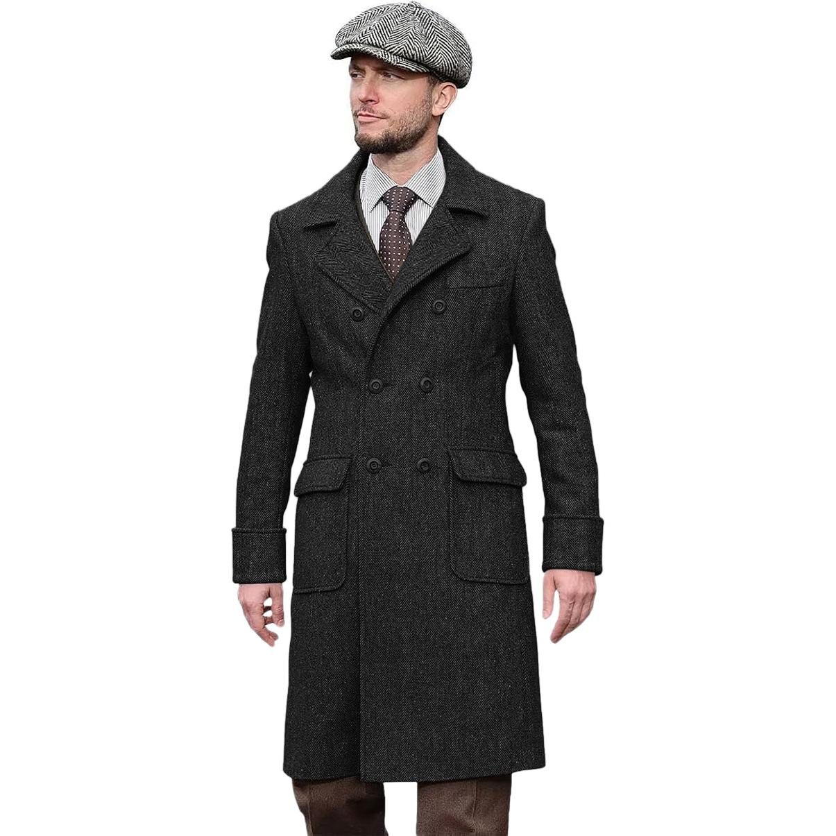 Casual Trench Coat Men Double Breasted Notch Collar Tweed Herringbone Coat Winter Wedding Casual Trench Coat Men Double Breasted Notch Collar Tweed Herringbone Coat Winter Wedding