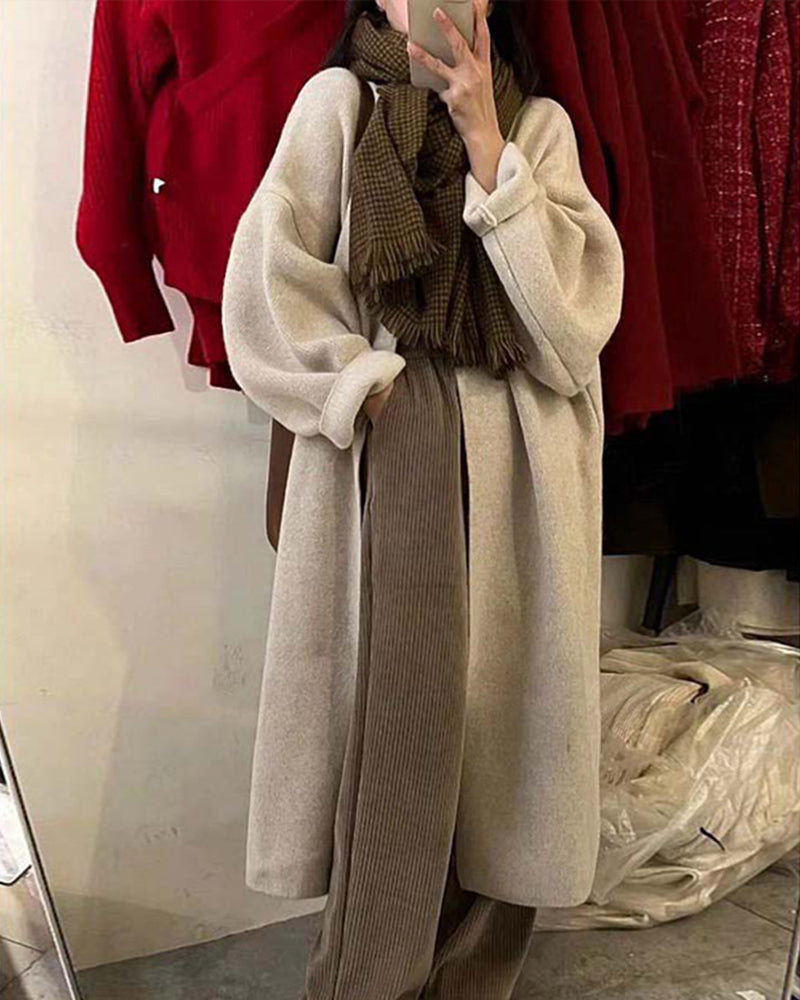 Plain Midi Open Front Cardigan Sweater – Beige S Plain Midi Open Front Cardigan Sweater – Beige S
