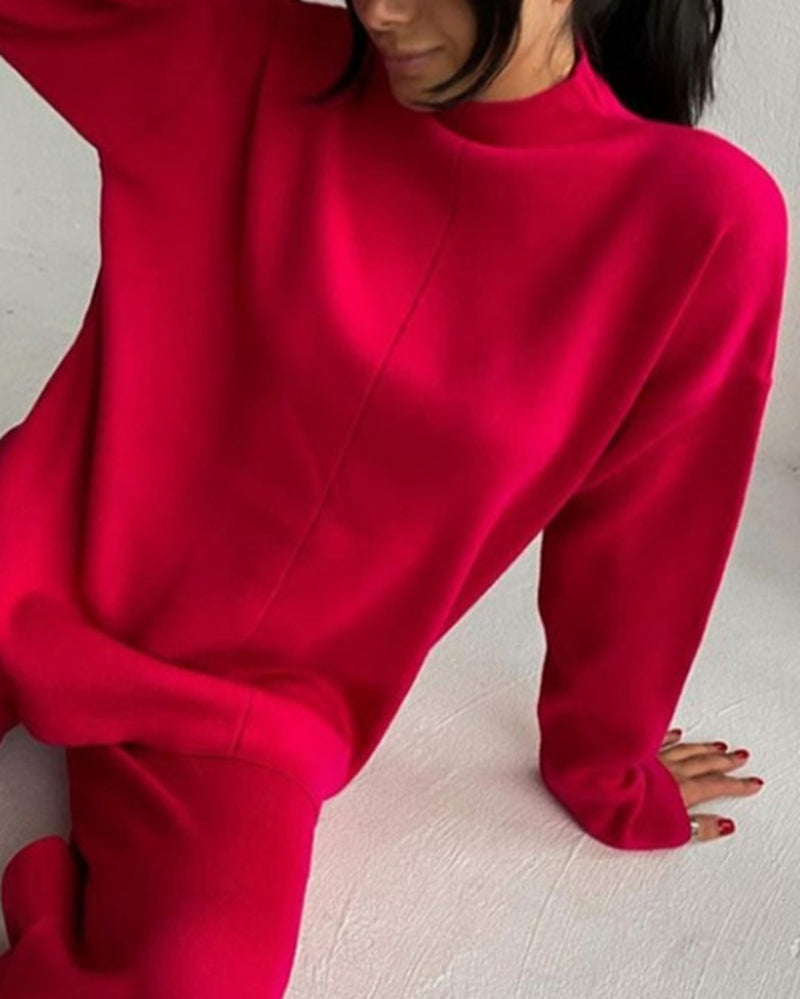 Long Sleeve Loose Casual Mid-Turtleneck Sweater – Red S Long Sleeve Loose Casual Mid-Turtleneck Sweater – Red S