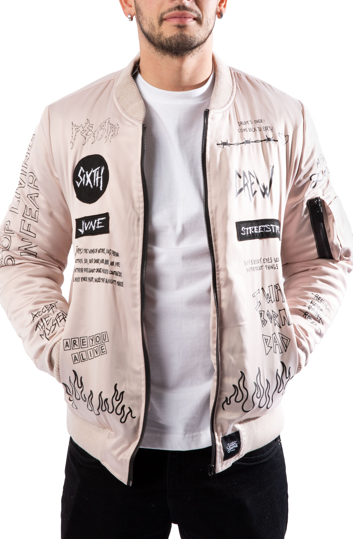 Men Crew Patches Bomber Jacket Beige Jackets S Beige