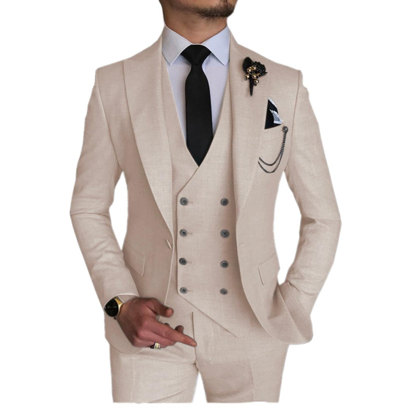 Ceehuteey Piece Mens Suit Double Breasted Prom Peak Lapel Suit Blazer + Vest + Pants – Beige R Ceehuteey Piece Mens Suit Double Breasted Prom Peak Lapel Suit Blazer + Vest + Pants – Beige R