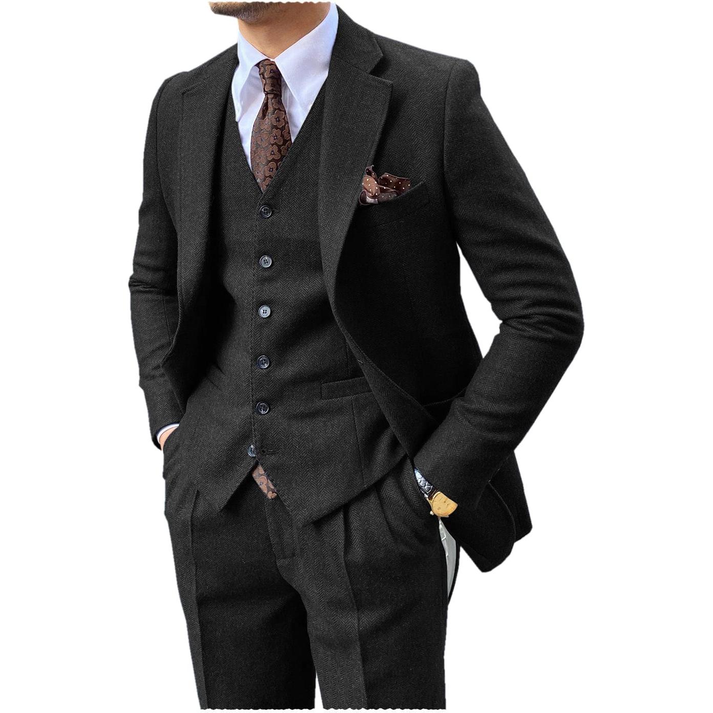 Ceehuteey Piece Mens Suit Herringbone Notch Lapel Suits Blazer+Vest+Pants – Black R Ceehuteey Piece Mens Suit Herringbone Notch Lapel Suits Blazer+Vest+Pants – Black R