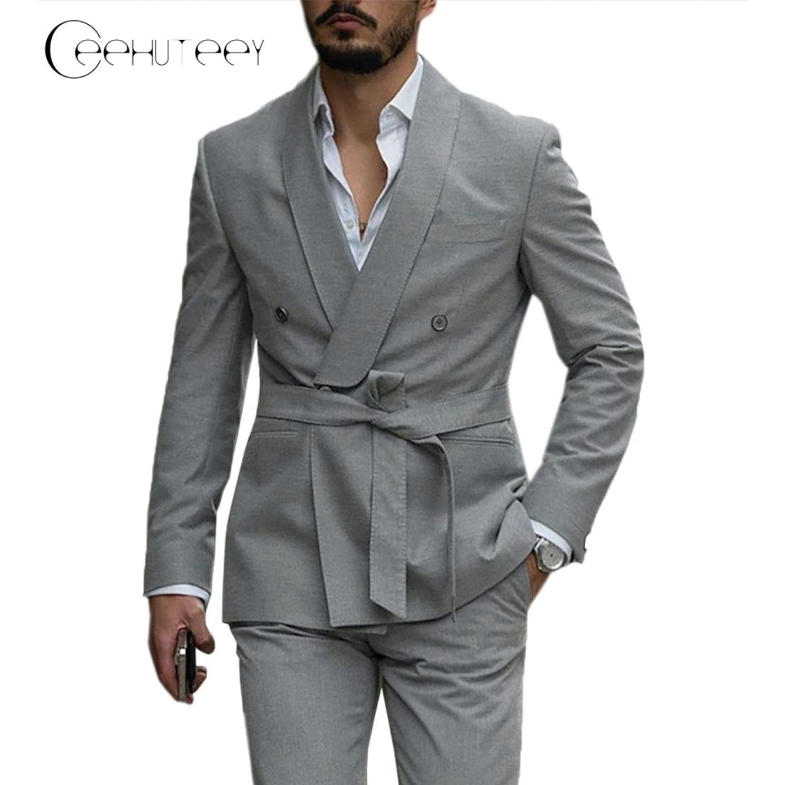Ceehuteey Mens Suit Double Breasted Shawl Lapel Pieces Blazer+Pants – Silver Grey R Ceehuteey Mens Suit Double Breasted Shawl Lapel Pieces Blazer+Pants – Silver Grey R