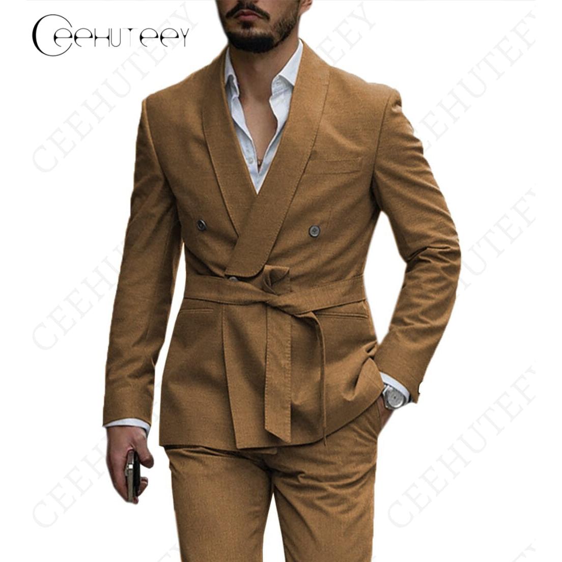 Ceehuteey Mens Suit Double Breasted Shawl Lapel Pieces Blazer+Pants – Brown R Ceehuteey Mens Suit Double Breasted Shawl Lapel Pieces Blazer+Pants – Brown R
