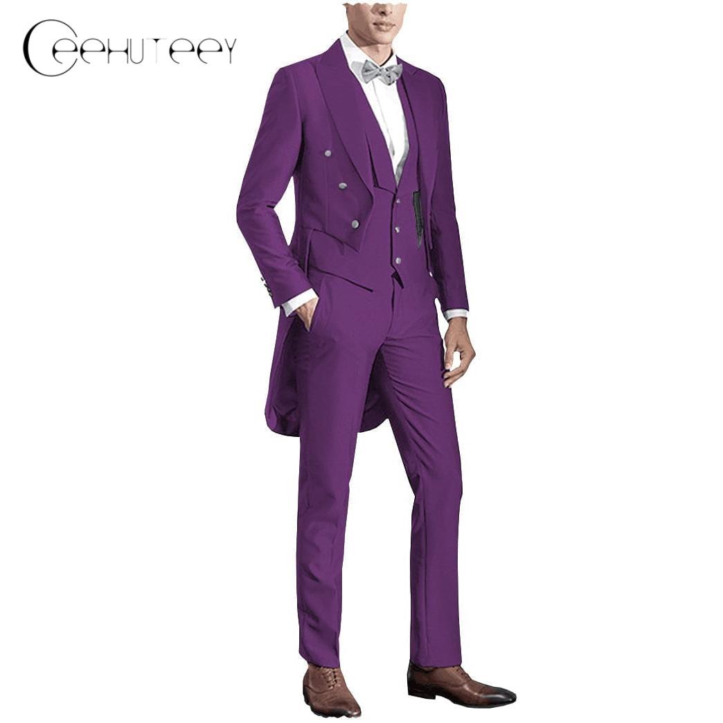 Ceehuteey Classic Men’s Pieces Tailcoat Peak Lapel Suits Swallow-Tailed Coat Blazer+Vest+Pants – Purple R Ceehuteey Classic Men’s Pieces Tailcoat Peak Lapel Suits Swallow-Tailed Coat Blazer+Vest+Pants – Purple R