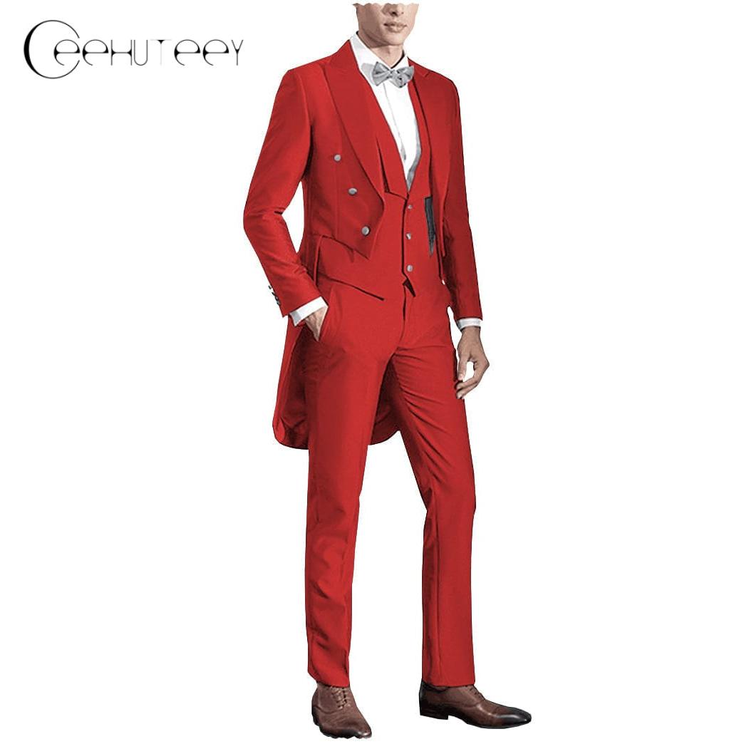 Ceehuteey Classic Men’s Pieces Tailcoat Peak Lapel Suits Swallow-Tailed Coat Blazer+Vest+Pants – Red R Ceehuteey Classic Men’s Pieces Tailcoat Peak Lapel Suits Swallow-Tailed Coat Blazer+Vest+Pants – Red R