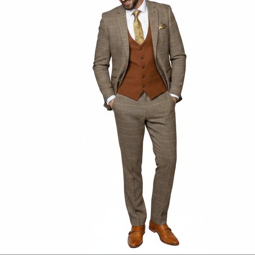 Men’s piece Plaid Notch Lapel Double Breasted British stylesuits Blazer+Vest+Pants – Khaki R Men’s piece Plaid Notch Lapel Double Breasted British stylesuits Blazer+Vest+Pants – Khaki R