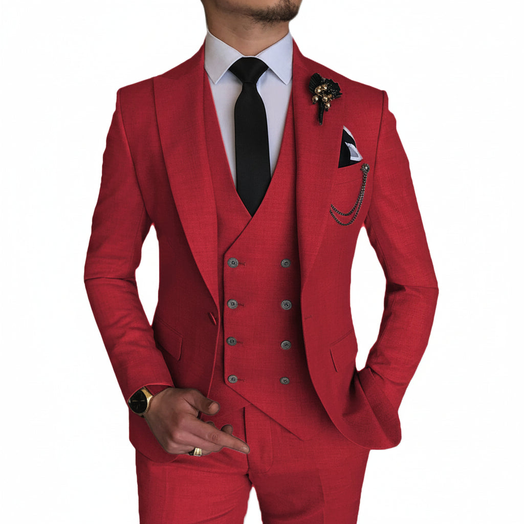 Ceehuteey Men’s Pieces Flat Peak Lapel Suits Blazer+Vest+Pants – Red R Ceehuteey Men’s Pieces Flat Peak Lapel Suits Blazer+Vest+Pants – Red R