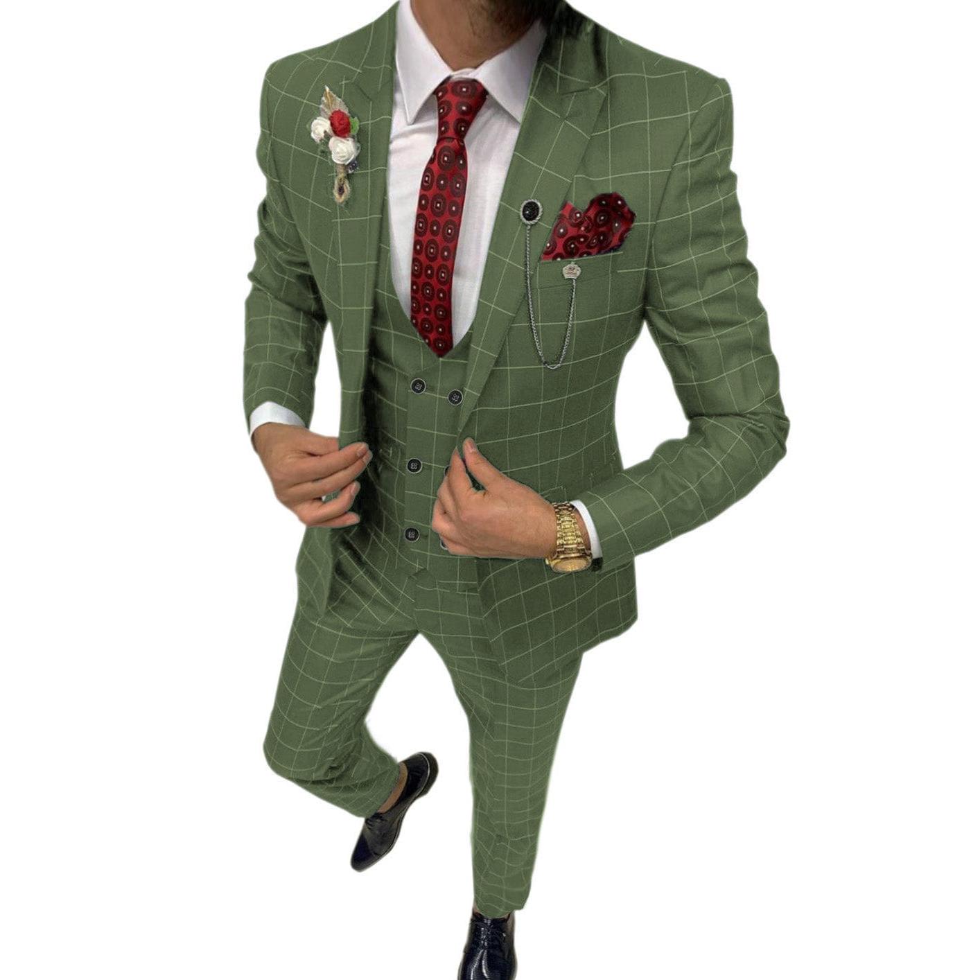 Ceehuteey Mens Suit Pieces Plaid Peak Lapel Suits Blazer+Vest+Pants – Olive Green R Ceehuteey Mens Suit Pieces Plaid Peak Lapel Suits Blazer+Vest+Pants – Olive Green R