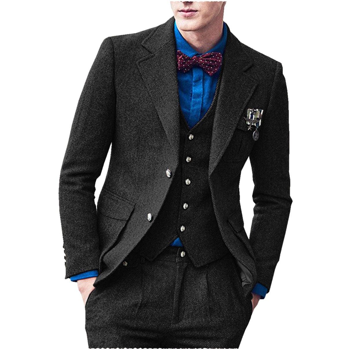 Ceehuteey Men’s Pieces Suit Classic Herringbone Tweed Peak Lapel Gent Suits Blazer+Vest+Pants – Black R Ceehuteey Men’s Pieces Suit Classic Herringbone Tweed Peak Lapel Gent Suits Blazer+Vest+Pants – Black R