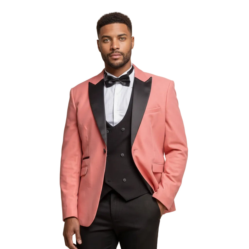 Men’s Pieces Velvet Dinner Jacket for Suit Blazer+Vest+Pants – Coral R