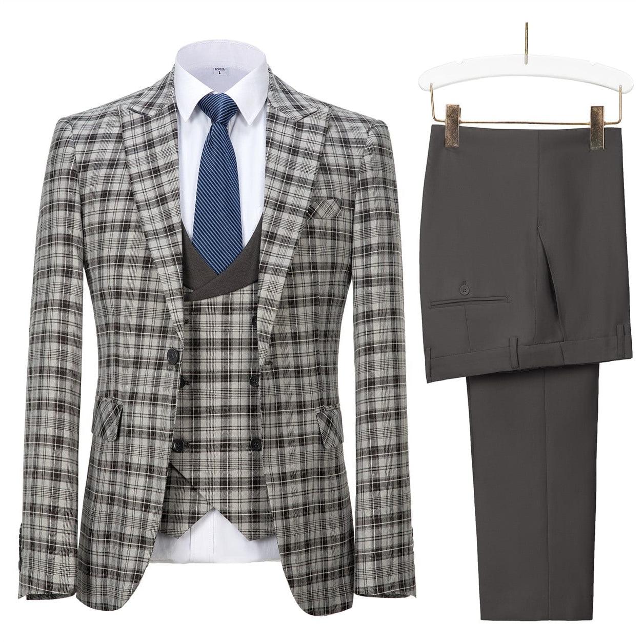 Ceehuteey Men’s Classic plaid suit Peak Lapel Pieces suit Blazer+Vest+Pants – Grey R Ceehuteey Men’s Classic plaid suit Peak Lapel Pieces suit Blazer+Vest+Pants – Grey R