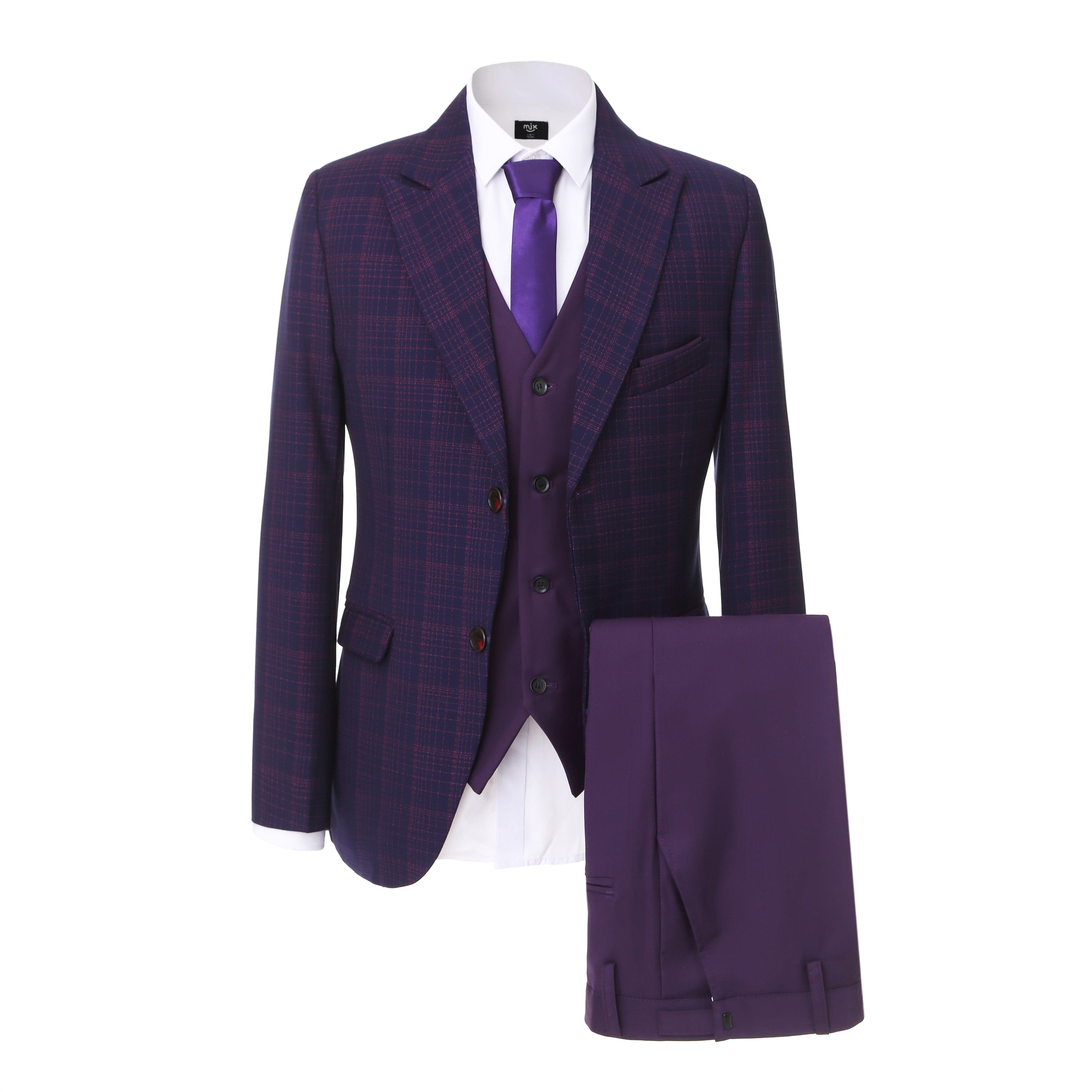 Ceehuteey Men’s Plaid Pieces Tweed Peak lapel Suit Blazer+Vest+Pants – Dark Purple R