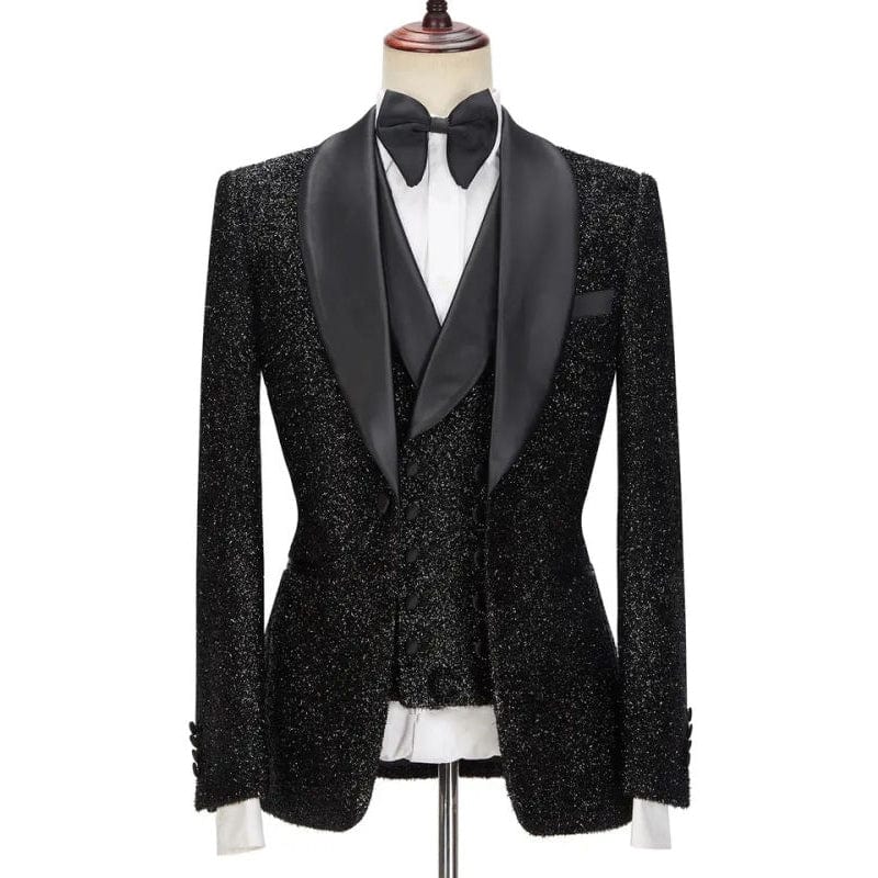 Ceehuteey Men’s Shiny Sequins Piece Suit Blazer One Button Double Breasted Prom Blazer + Vest + Pants – Black R Ceehuteey Men’s Shiny Sequins Piece Suit Blazer One Button Double Breasted Prom Blazer + Vest + Pants – Black R