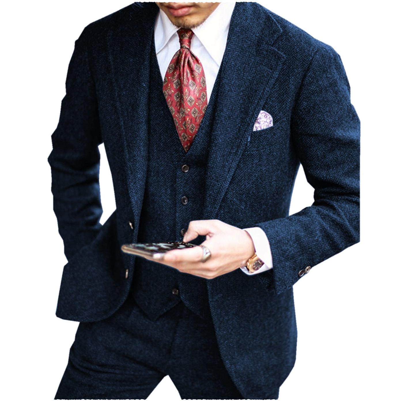 Ceehuteey Men’s tweed herringbone piece suits formal fit wedding groom suits Blazer+Vest+Pants – Navy R Ceehuteey Men’s tweed herringbone piece suits formal fit wedding groom suits Blazer+Vest+Pants – Navy R