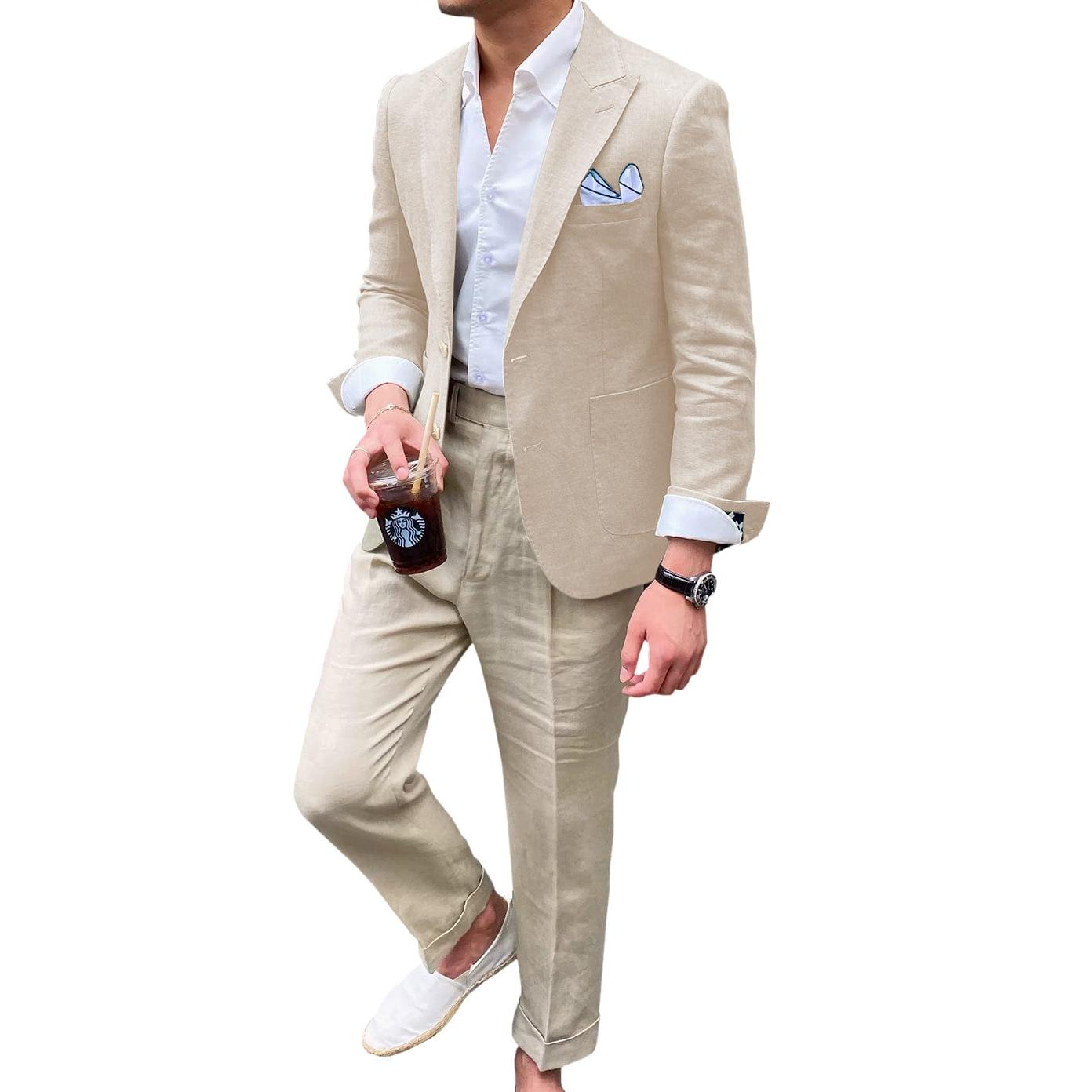 Ceehuteey Summer Linen Men’s Peak lapel Suit for Blazer – Beige R Ceehuteey Summer Linen Men’s Peak lapel Suit for Blazer – Beige R