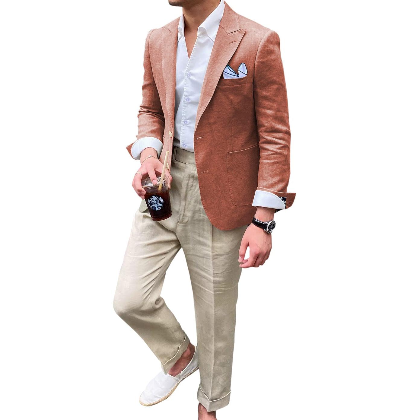 Ceehuteey Summer Linen Men’s Peak lapel Suit for Blazer – Coral R Ceehuteey Summer Linen Men’s Peak lapel Suit for Blazer – Coral R