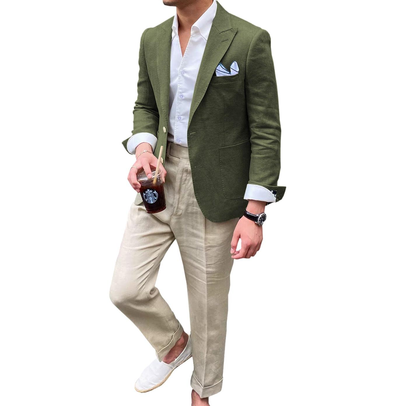Ceehuteey Summer Linen Men’s Peak lapel Suit for Blazer – Army Green R Ceehuteey Summer Linen Men’s Peak lapel Suit for Blazer – Army Green R
