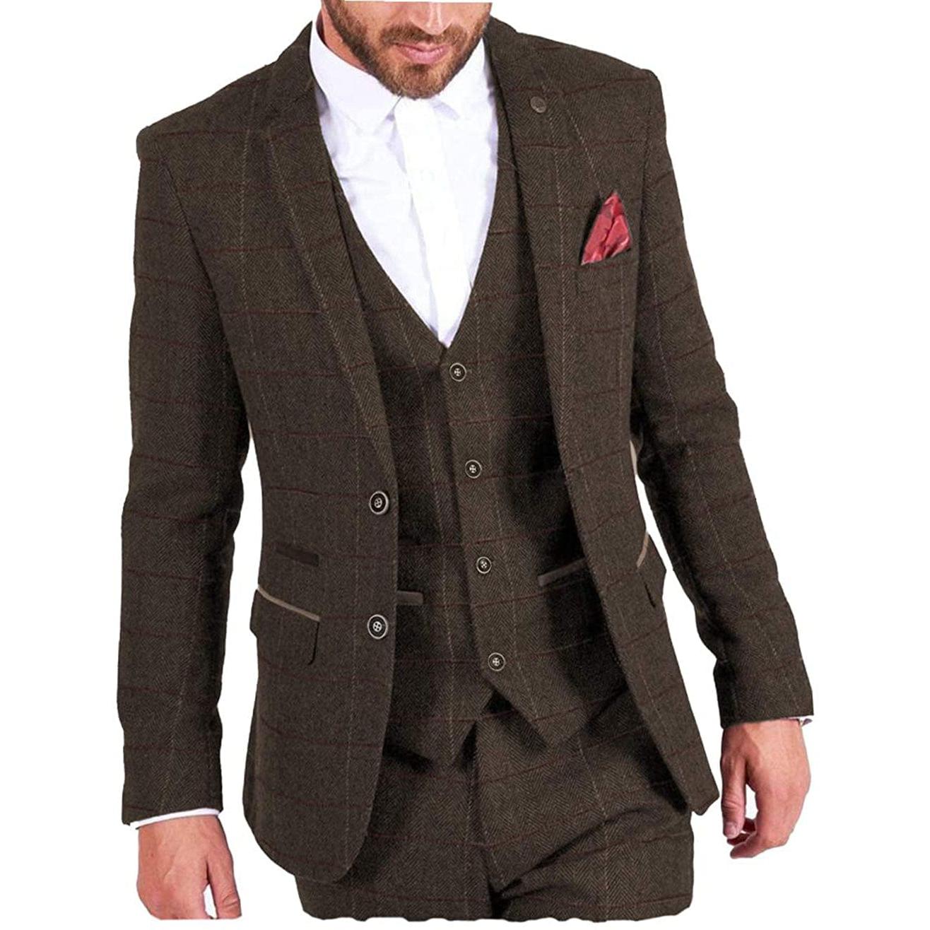 Ceehuteey Vintage Classic Men’s Pieces Plaid Notch Lapel Suit Blazer+Vest+Pants – Coffee R Ceehuteey Vintage Classic Men’s Pieces Plaid Notch Lapel Suit Blazer+Vest+Pants – Coffee R