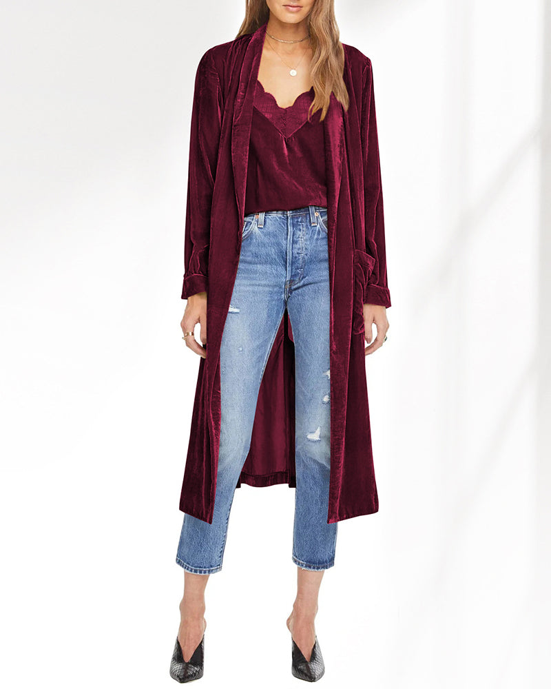 Long Velvet Cardigan Jacket Casual Open Front Velour Lapel Cardigan Maxi Blazer – Wine Red M Long Velvet Cardigan Jacket Casual Open Front Velour Lapel Cardigan Maxi Blazer – Wine Red M