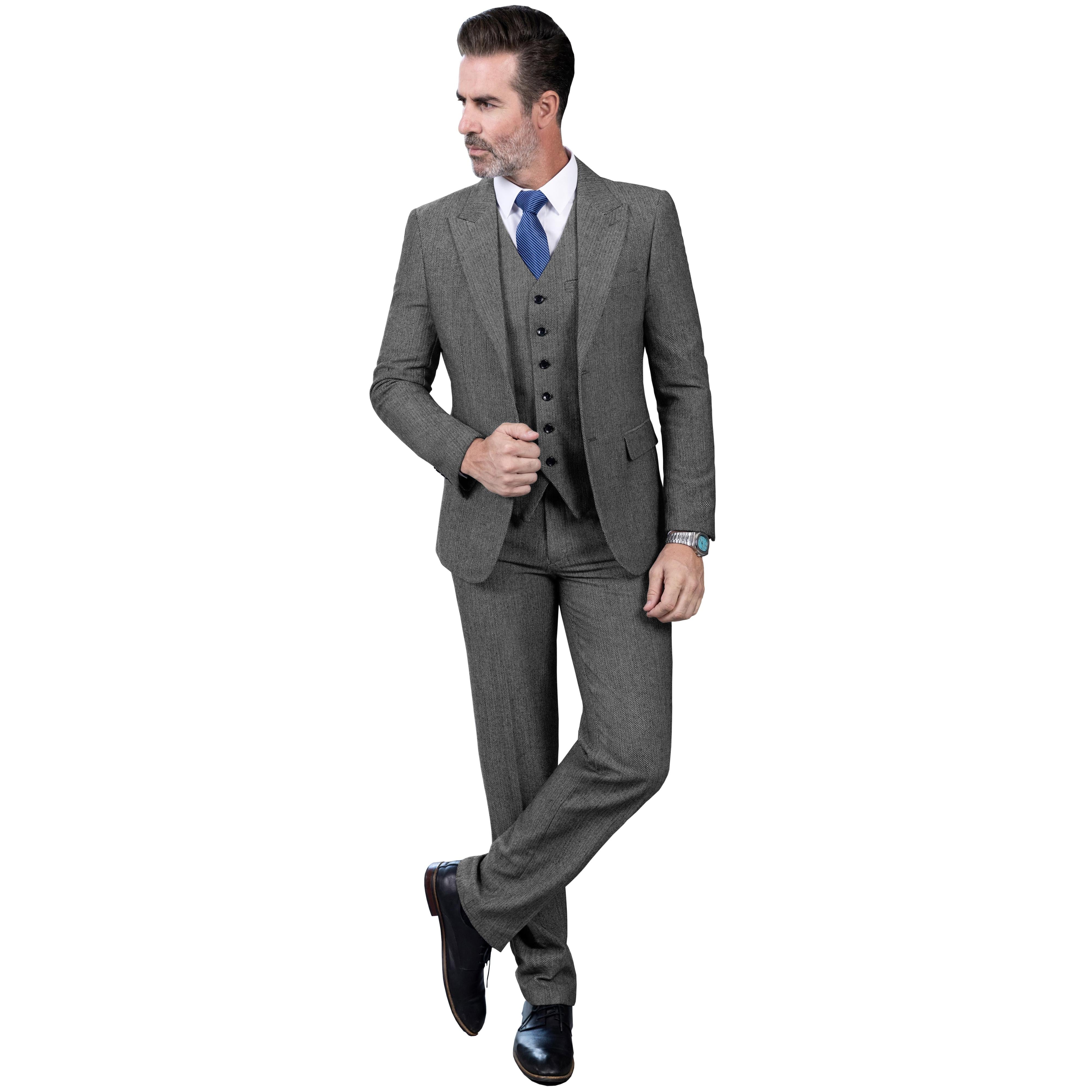 Classic Pieces Mens Suit Herringbone Tweed Peak Lapel Tuxedos Blazer+vest+Pants Classic Pieces Mens Suit Herringbone Tweed Peak Lapel Tuxedos Blazer+vest+Pants