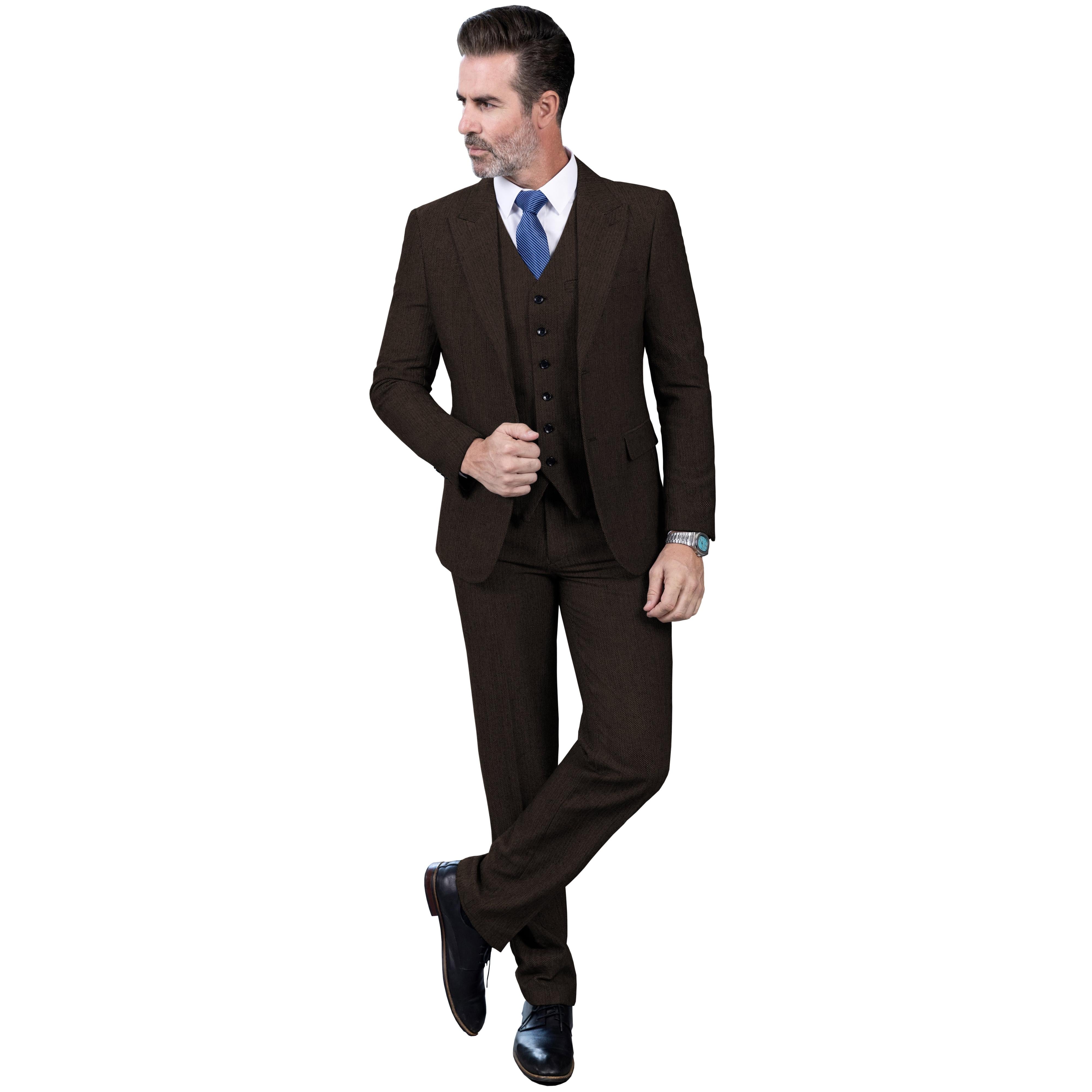 Classic Pieces Mens Suit Herringbone Tweed Peak Lapel Tuxedos Blazer+vest+Pants Classic Pieces Mens Suit Herringbone Tweed Peak Lapel Tuxedos Blazer+vest+Pants