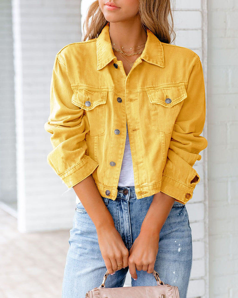 Zeagoo Cropped Denim Jacket Button Down Short Trucker Distressed Raw Hem Ripped Jean Jackets – Yellow L- Zeagoo Cropped Denim Jacket Button Down Short Trucker Distressed Raw Hem Ripped Jean Jackets – Yellow L-