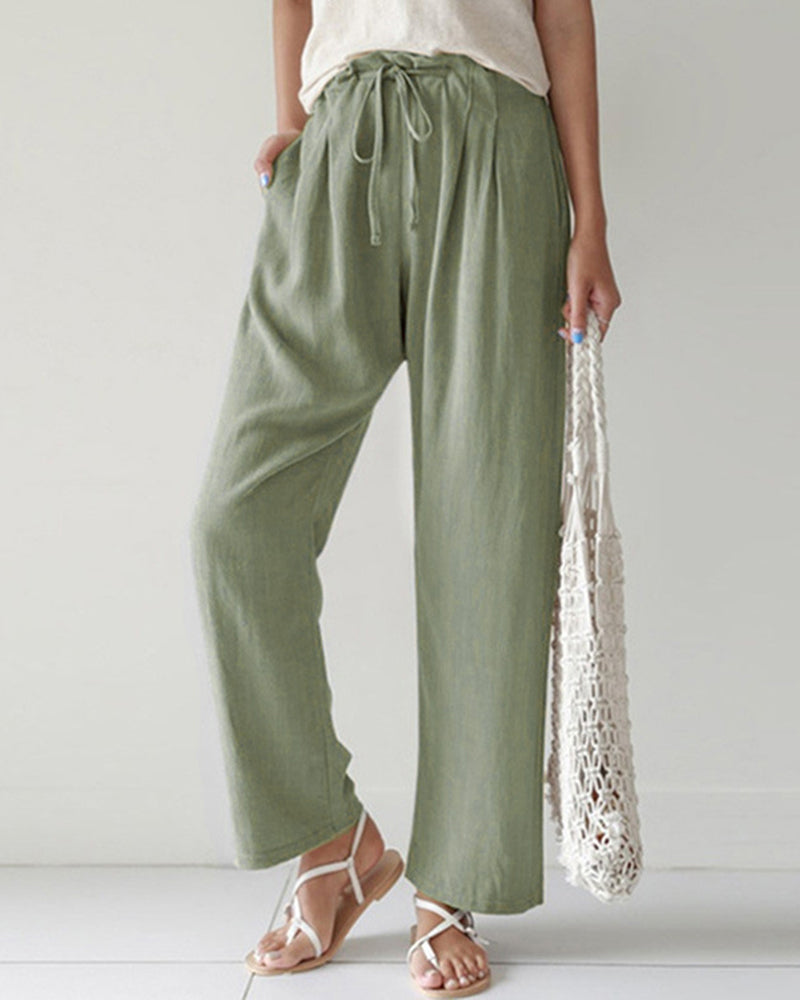 High Waist Trousers Solid Color Palazzo Pant Beach Casual Boho Drawstring Bottoms – Green High Waist Trousers Solid Color Palazzo Pant Beach Casual Boho Drawstring Bottoms – Green