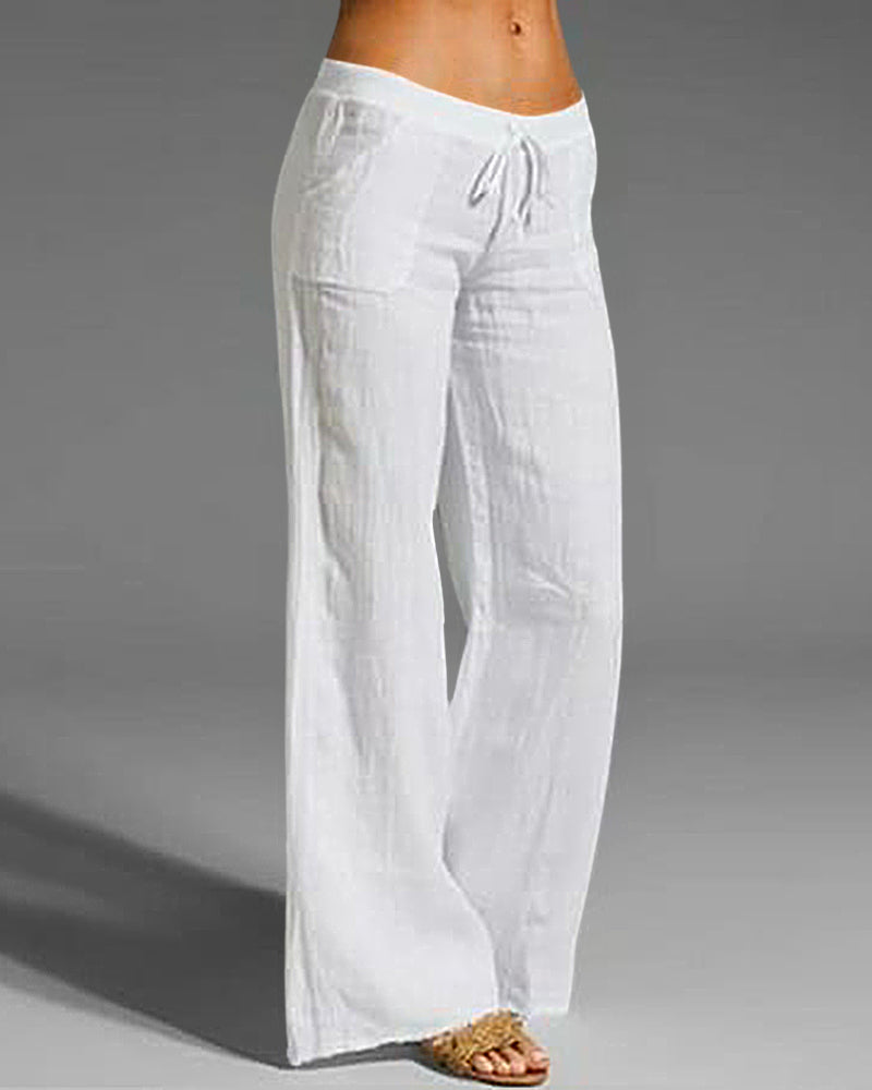 Zeagoo Drawstring Elastic Waist Linen Pants with Pocket Summer Wide Leg Pant Palazzo Trousers – White Zeagoo Drawstring Elastic Waist Linen Pants with Pocket Summer Wide Leg Pant Palazzo Trousers – White
