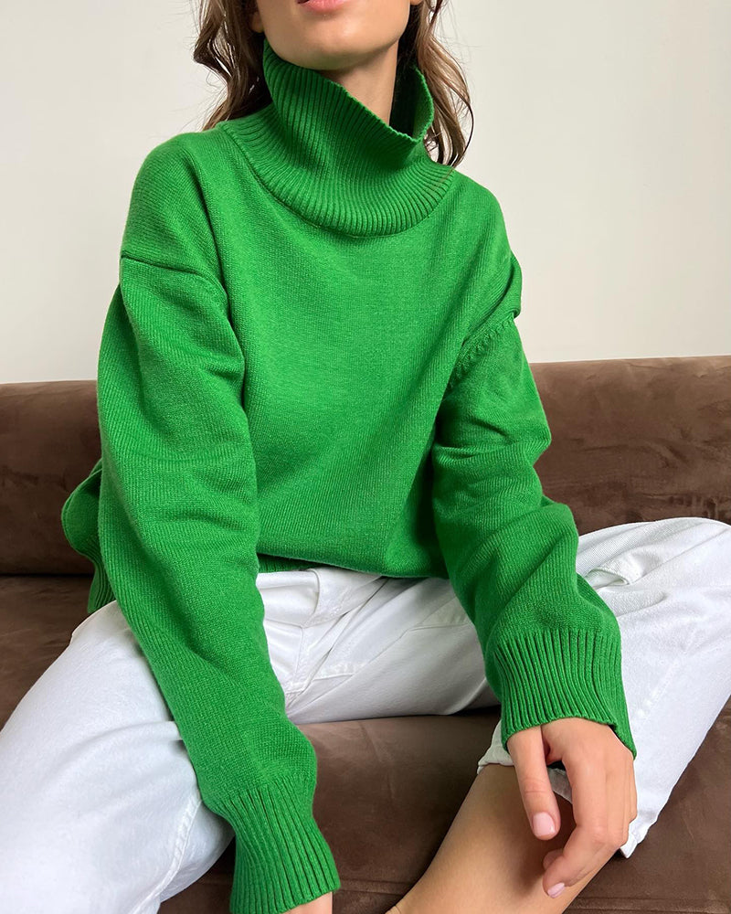 Turtleneck Loose Long Sleeve Knitted Pullover Sweater Tops – Green S Turtleneck Loose Long Sleeve Knitted Pullover Sweater Tops – Green S