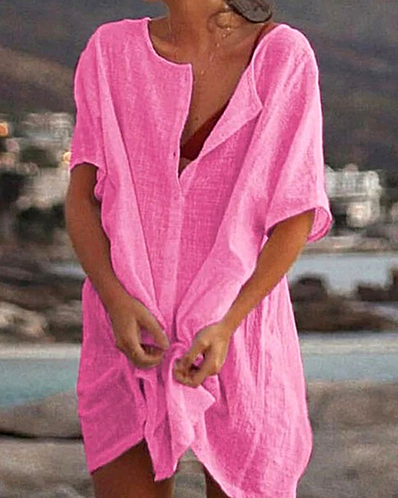 V Neck Solid Color Comfortable Shirt Short Sleeves Shirt Dress – Pink V Neck Solid Color Comfortable Shirt Short Sleeves Shirt Dress – Pink