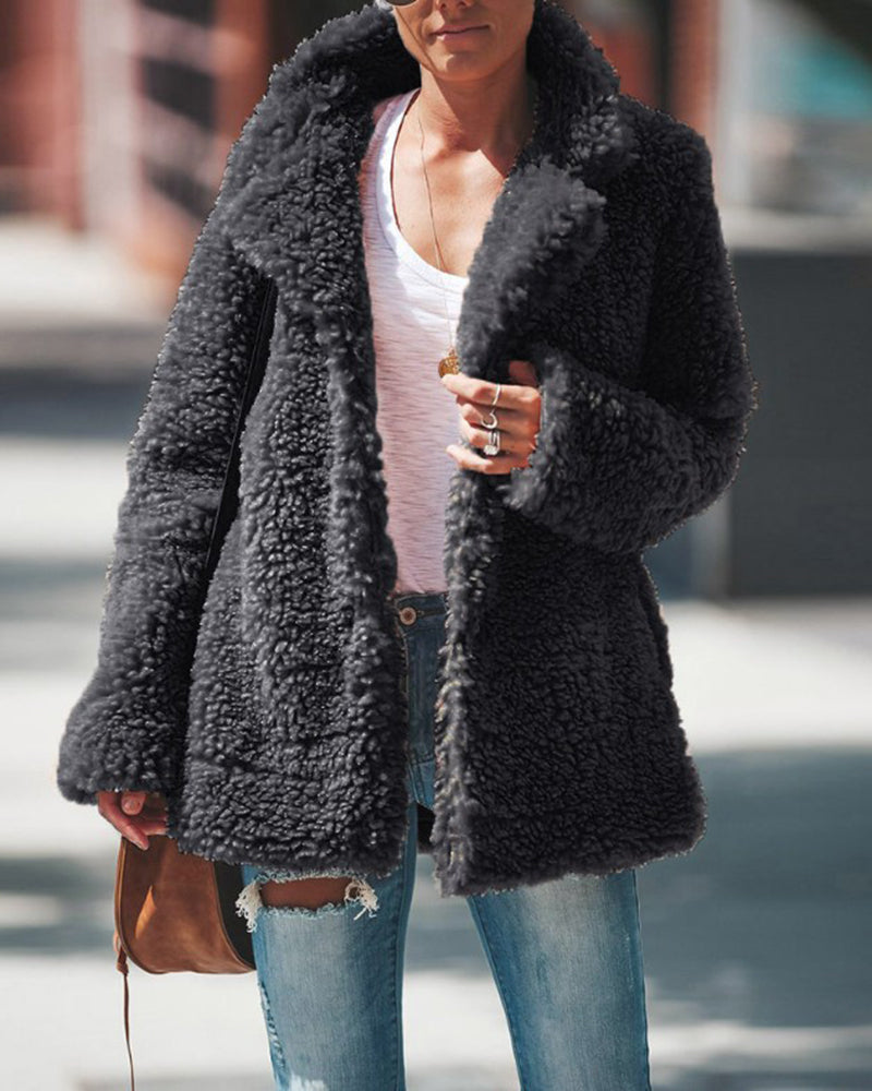 Plush Coat Lapel Long Sleeved Cardigan Jacket – Dark Grey Plush Coat Lapel Long Sleeved Cardigan Jacket – Dark Grey